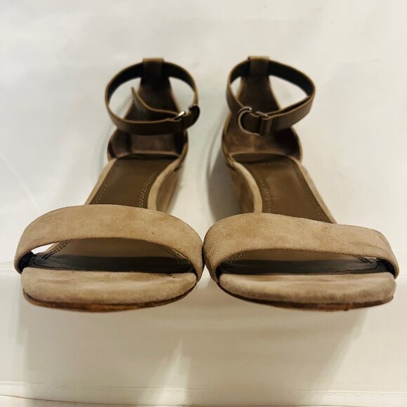 Tory Burch-3" Wedge Heels-Light Taupe/Tan-Size 9-Strap Ankle-Leather/Suede Mix - Picture 3 of 16